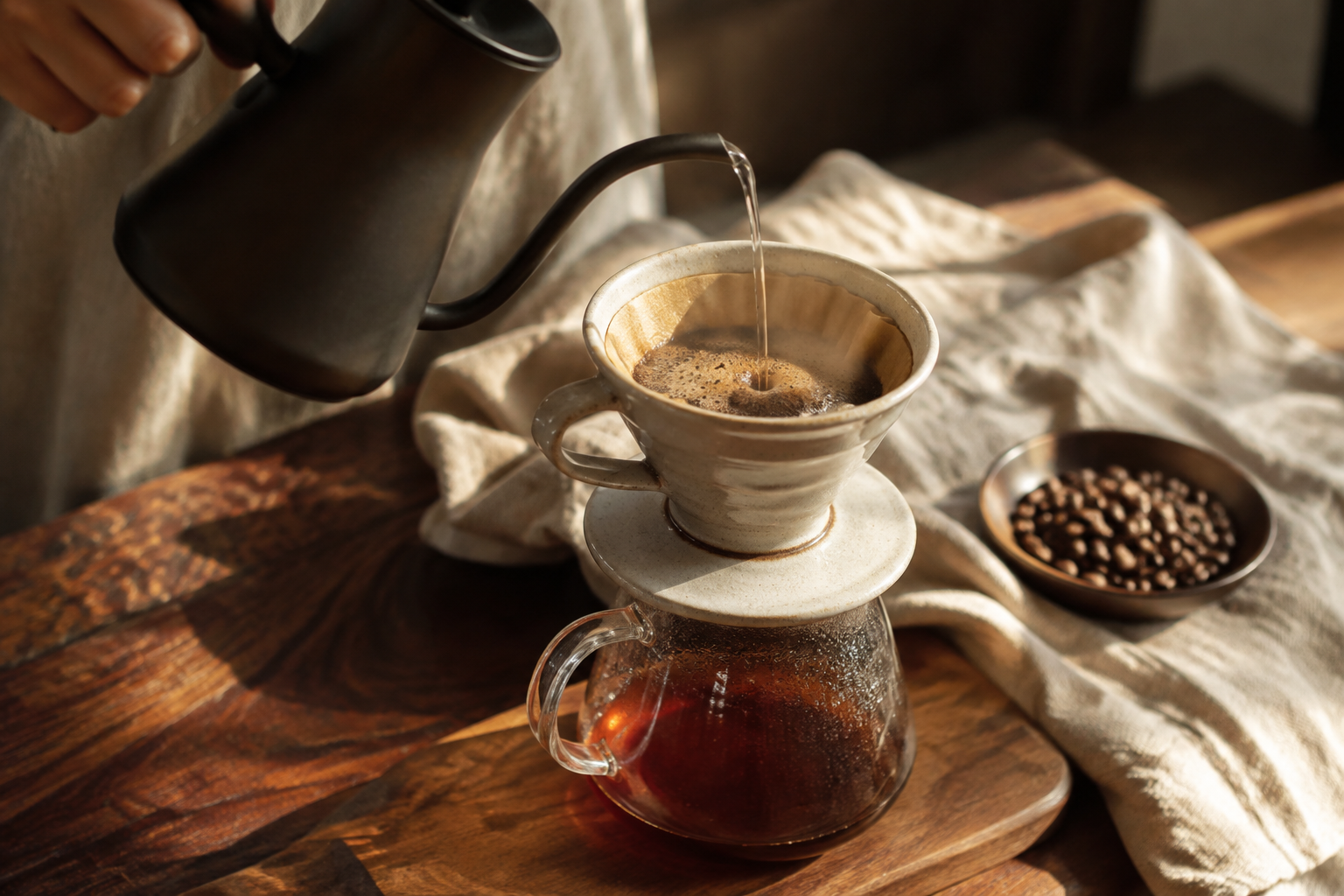 朝の光の中で丁寧にハンドドリップするコーヒーのイメージ